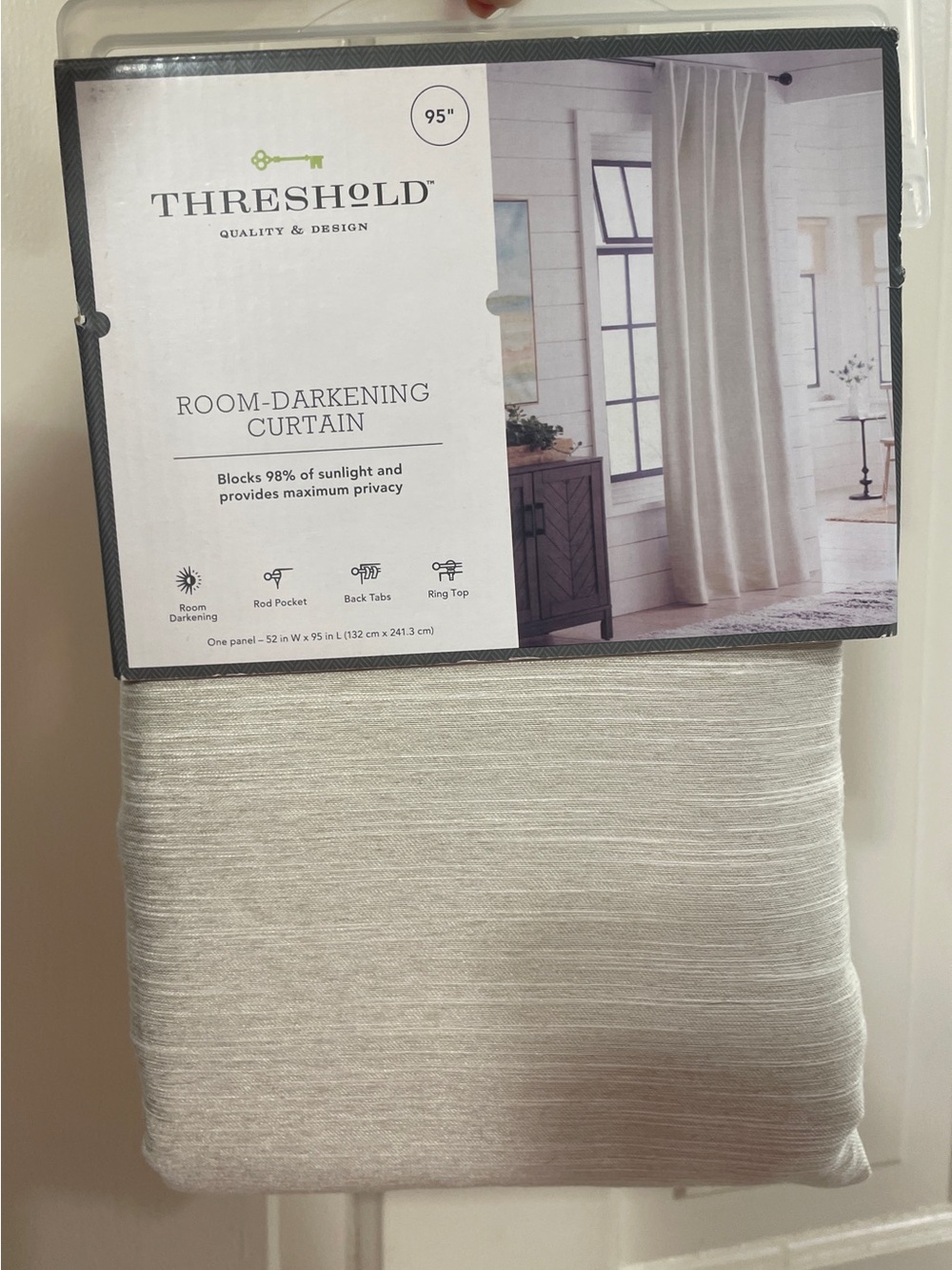 Threshold Room-Darkening Faux Silk Curtain Panel — Light Beige/Ivory
